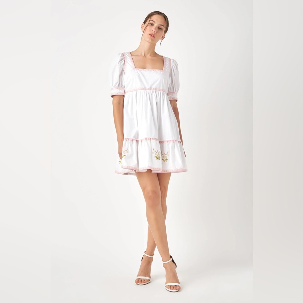 English Factory White and Pink Tiered Dress